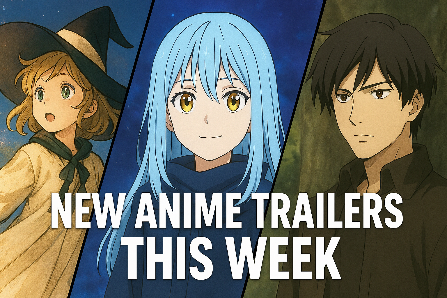 New anime trailers collage featuring characters from Witch Hat Atelier, Slime, and Keeper of the Camphor Tree